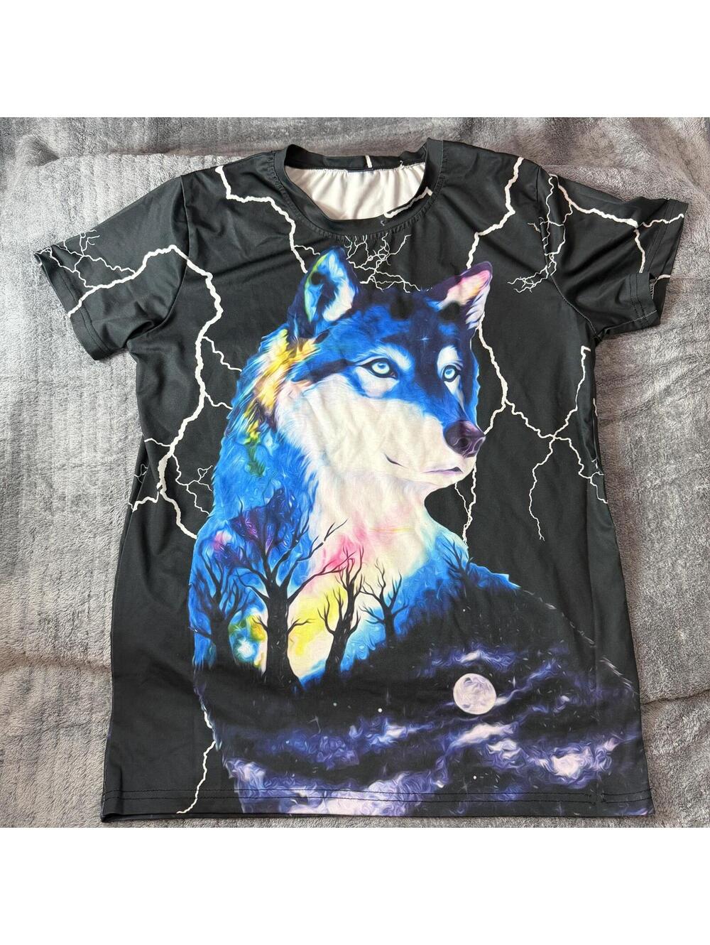 Kids XL All Over Print Blue Wolf & Lightning T-Shirt Black Youth XL AOP - USED